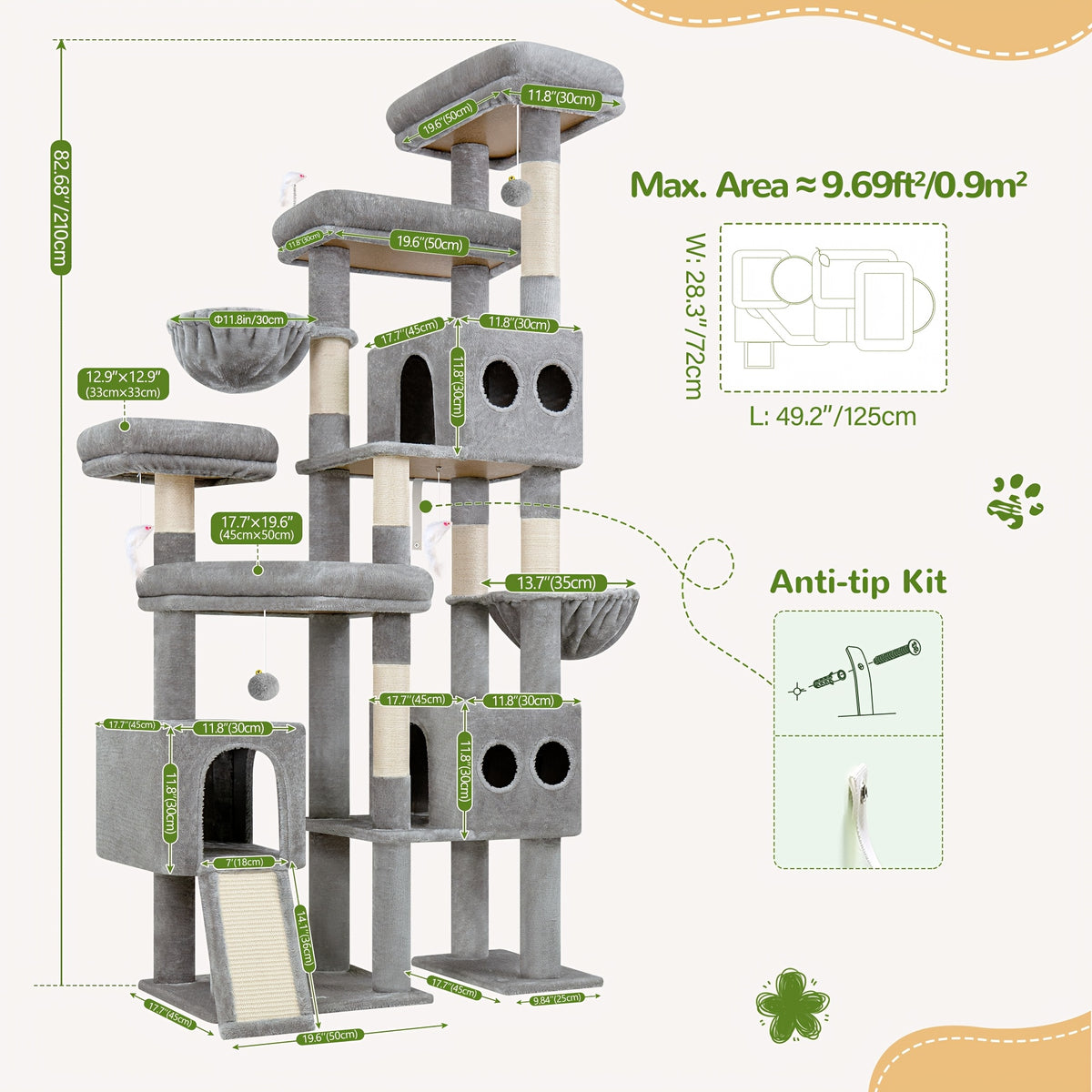 Globlazer 82-inch Cat Tower for Large Cats, Multi-Level Cat Tree for 4+ Indoor Cats with 3 Condos, 7 Sisal Scratching Posts, Scratching Board, 2 Hammocks & 3 Perches, S82D, Light Grey