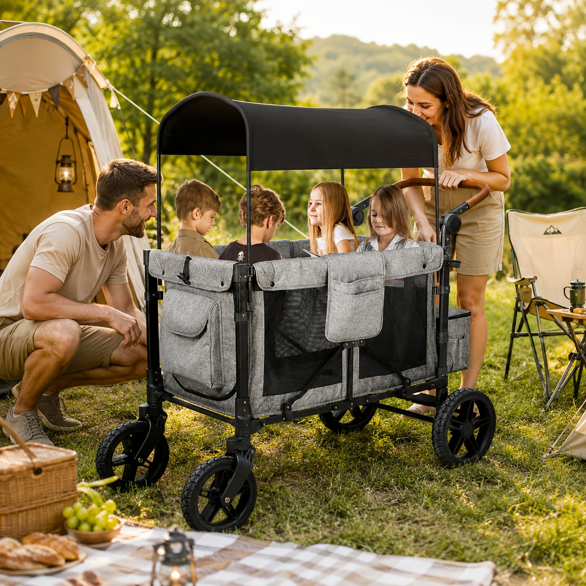 Lightweight High Landscape Quadruplets Stroller for 4 Kids & Double Stroller, 2/4 Seat Oversized Storage Basket, Suitable for Shopping, Picnics, Camping, Sports - Travel Stroller
