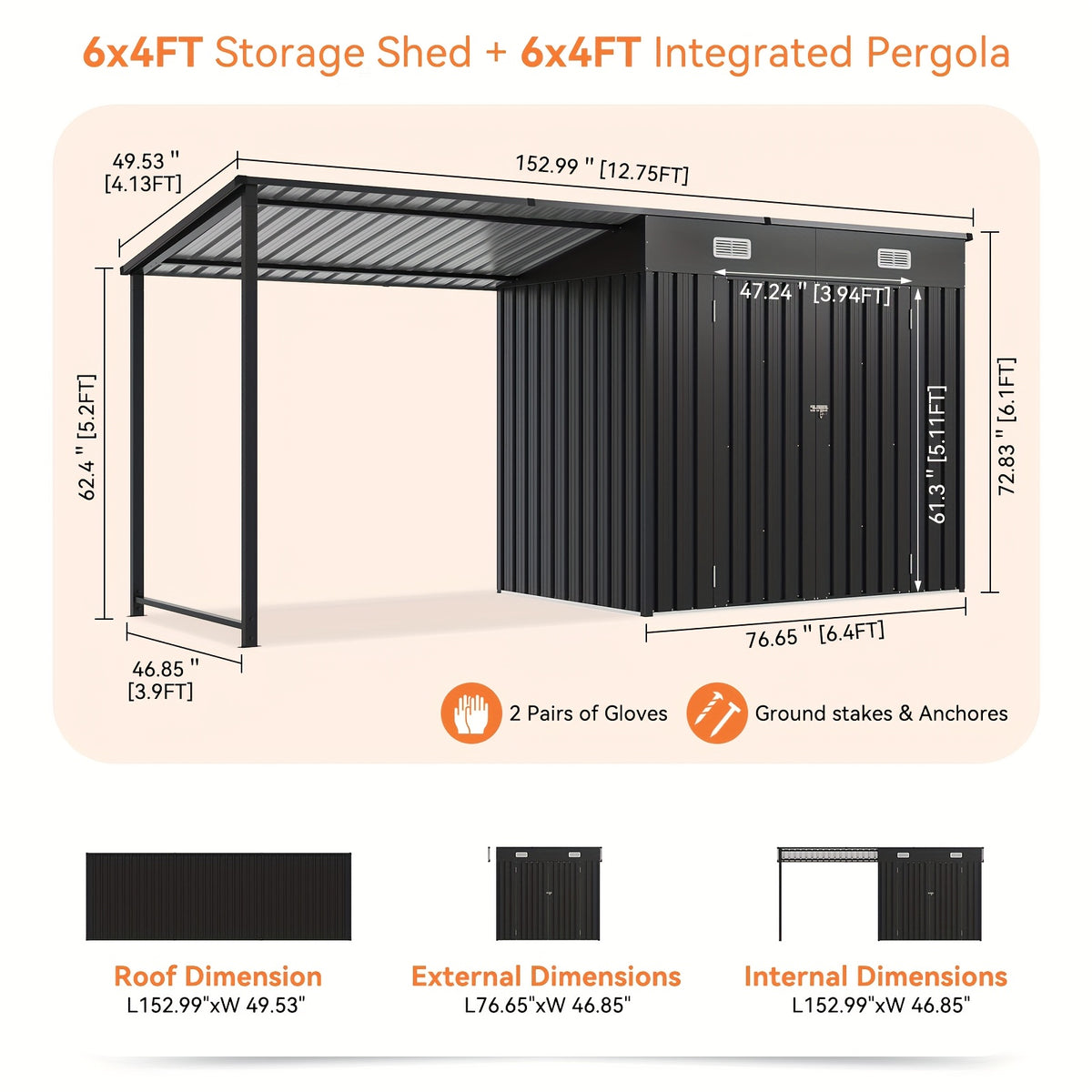6x4/5x3/8x6ft Outdoor Storage Shed & Hardtop Gazebo Combo, 2-in-1 Outdoor Combo, Metal Lean to Shed with Open-Sided Pergola, Durable Garden Tool Shed for Patio, Backyard, Deck..