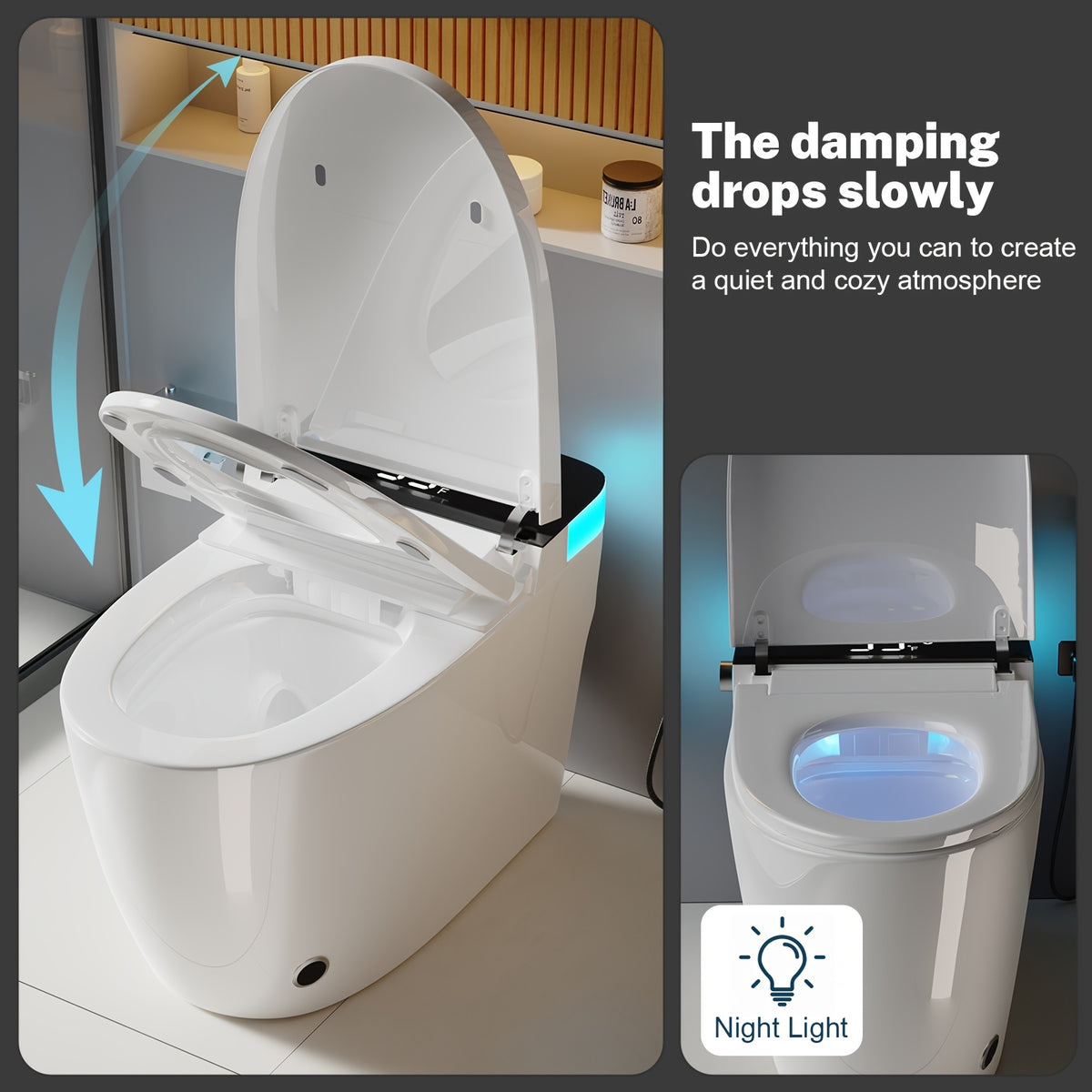 Smart Toilet With Manual Flip Lid, Toilet With Adjustable Remote Control And Heated Seat And Night Light, Modern Tankless Toilet For Bathroom With Damping Jog, Drying And Foot Sensor Flush
