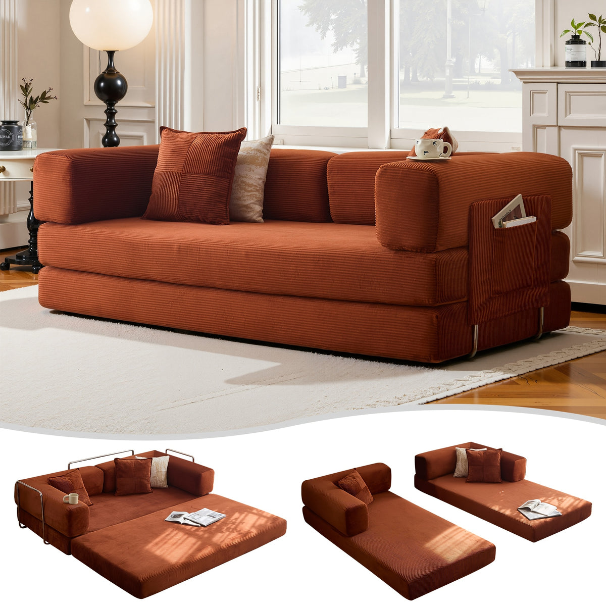 Convertible Floor Sofa Bed, Memory Foam Seating and Folding Armrests for Apartments and Guest Rooms