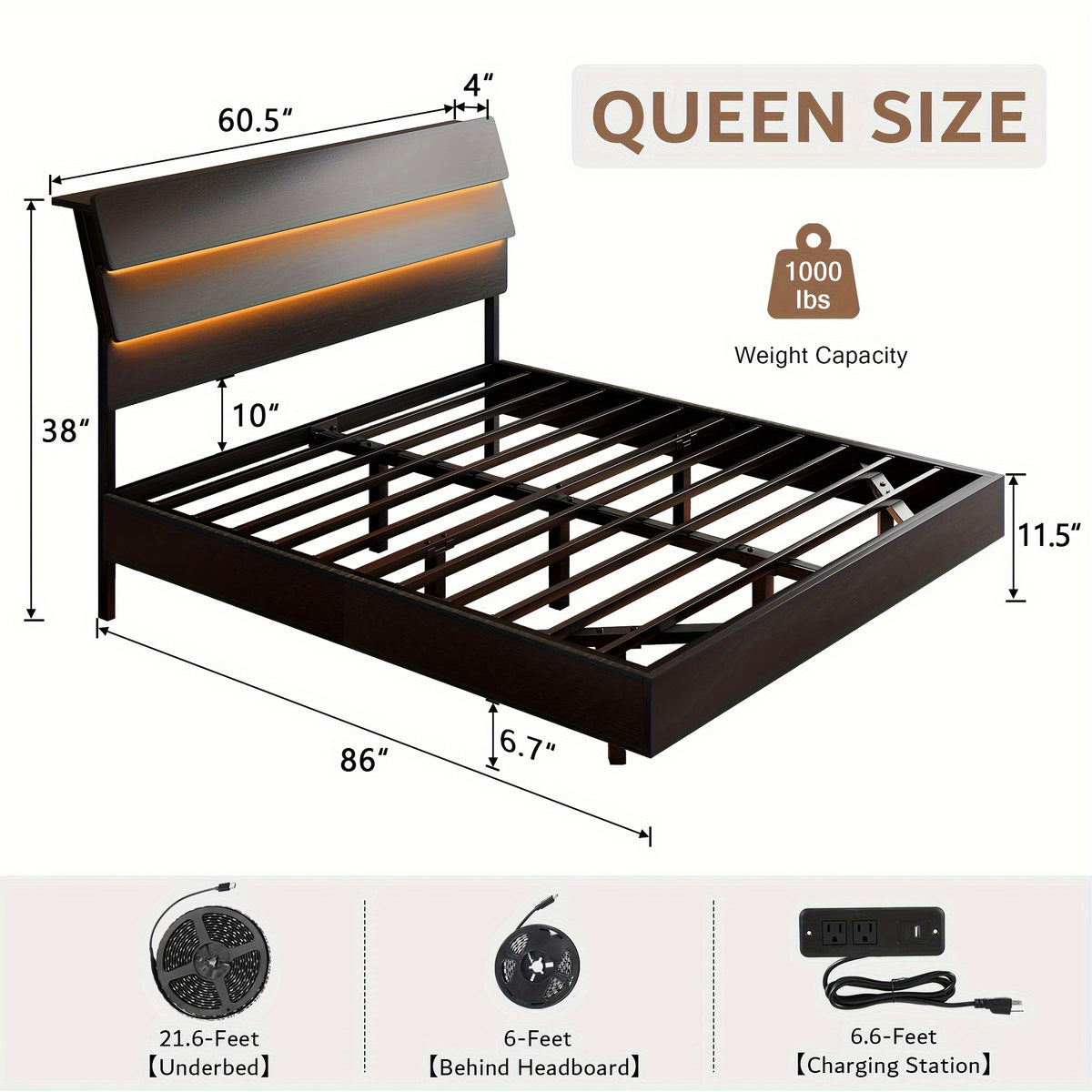 Valnase Floating Bed Frame with LED Lights & Charging Station, Platform Bed with Wooden Storage Headboard, Steel Slats Support, Easy Assembly