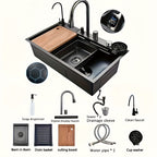 Elegant Stainless Steel Rectangular Kitchen Sink with Digital Display Faucet and Right Drainage Position - 22cm/8. 7in X 46cm/18. 1in