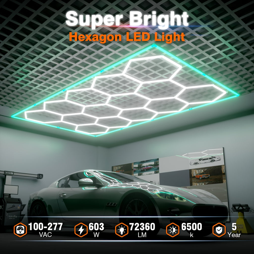 High-brightness LED Garage Light. Hexagonal Honeycomb Garage Light, Barber Shop Ceiling Light, Modern Design, Single Tube 850 Lumens, Framed LED Light Total 58650 Lumens