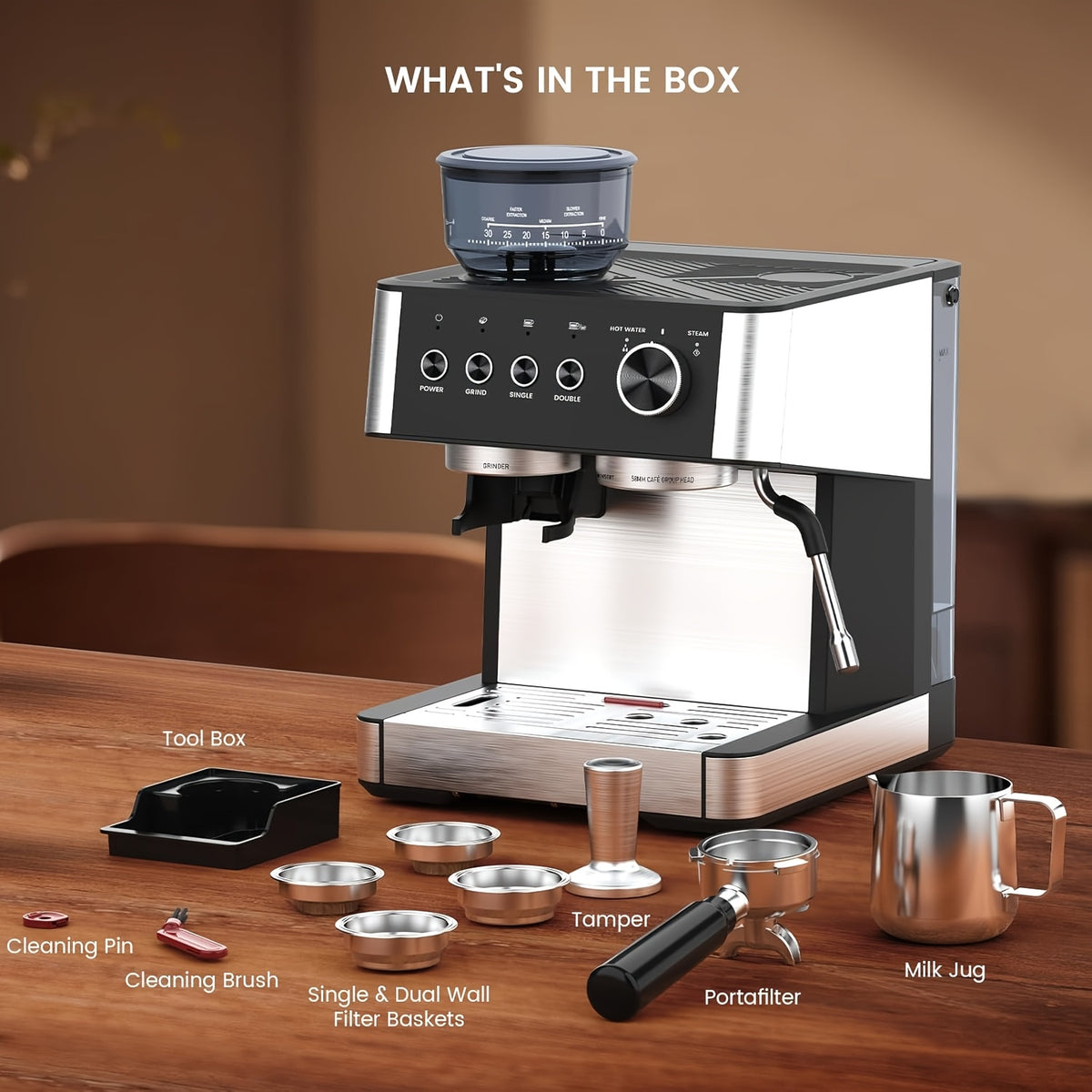 20 Bar Espresso Machine with Built-In Grinder, Professional Cappuccino And Latte Machines with Milk Frother, 3-In-1 Stainless Steel Espresso Coffee Maker for Home, Office, Or Cafe