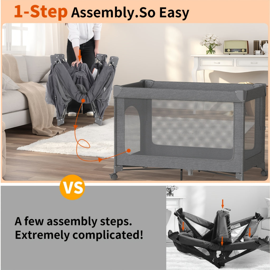 4 In 1 Bassinet, Pack And Play With Mattress, Crib With Wheels And Mosquito Net, Bedside Bassinet Sleeper With Changing Pad, Portable Playpen Foldable Playard For And Assembled And Folded Portable Cribs