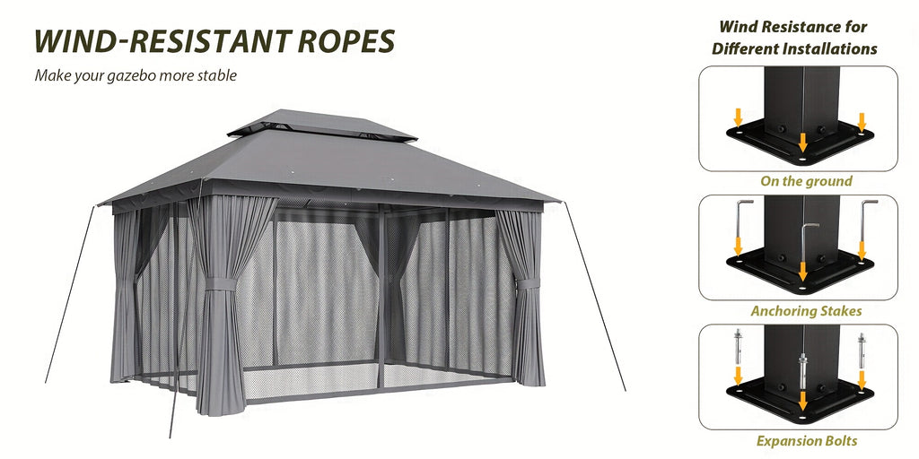 10'x12'/10'x10'/8'x8' Outdoor Gazebo & Pergola for Patio - Double Roof Steel Canopy with Mosquito Net And Privacy Screen, Heavy Duty Party Tent Shelter for Backyard, Lawn, Garden, All-Weather Gazebos with Patio Cover (Grey/Beige/Blue)