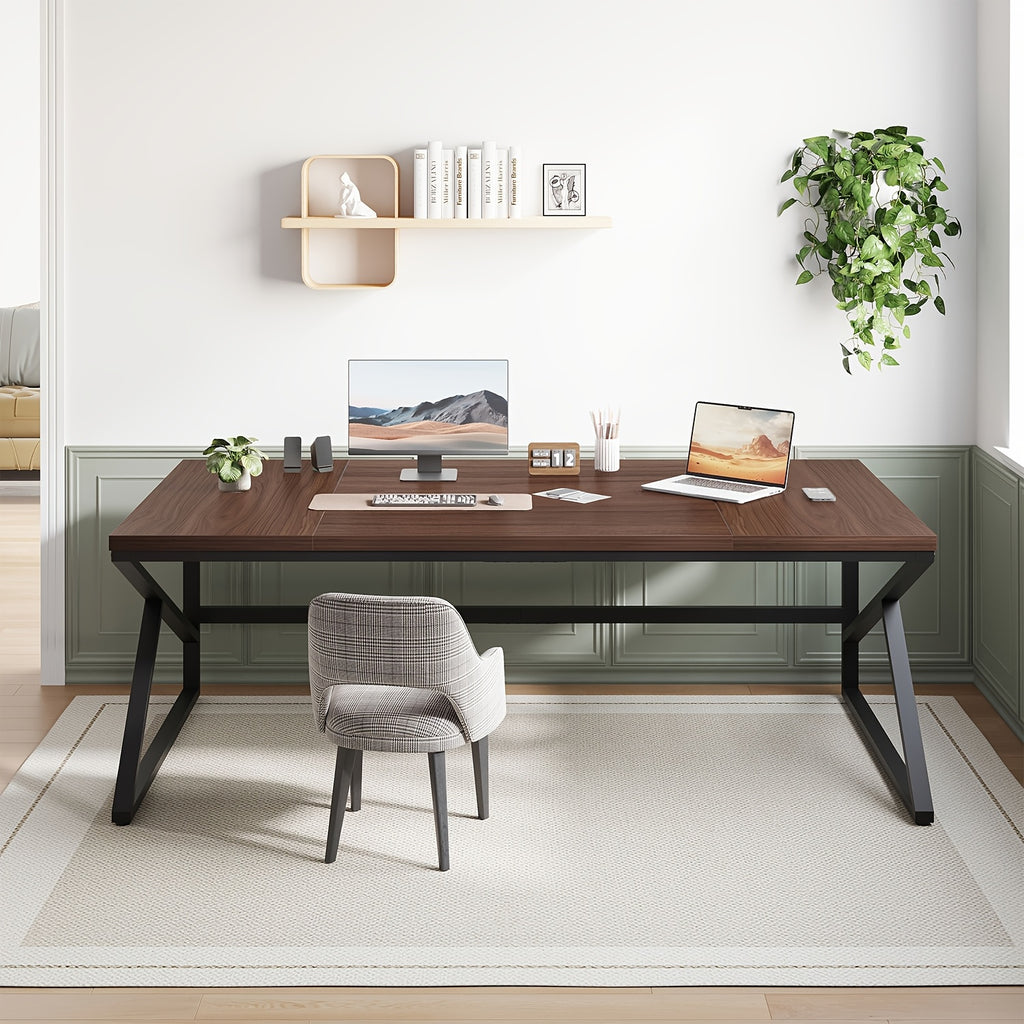 [Extra Long Computer Desk] 70 Inch Extra Long Computer Desk, Industrial Metal Wood Home Office Desk, Large PC Laptop Table For 2 Person Executive Writing Work Study Gaming, Bedroom Living Room Dual Monitor Desk, Dark Gray