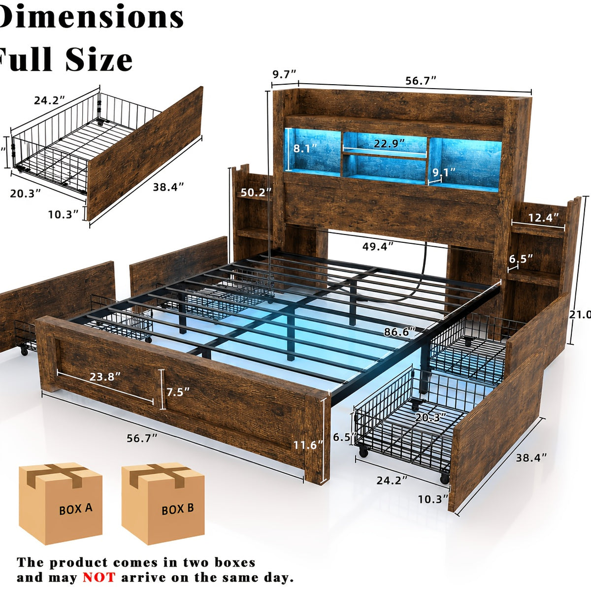 Farmhouse Wooden Bed Frame with 4 Storage Drawers, LED Bed Frame with 49" Tall Bookcase Headboard, Wood Platform Bed with Charging Station And 2 Slide Bedside Shelves