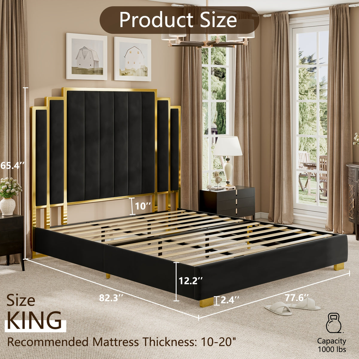 LUXOAK Modern Upholstered Bed Frame with 65" Headboard, Golden Plating Trim, Platform Design - No Box Spring Needed