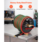VEVOR Retractable Welding Hose Reel, Hand Crank Manual Rewind Hose Reel with 1/4 Inch x 100FT Twin Oxygen Acetylene Rubber Hose Max 300PSI - T Grade, Ceiling/Wall Mount Steel Reel for Workshop Garages