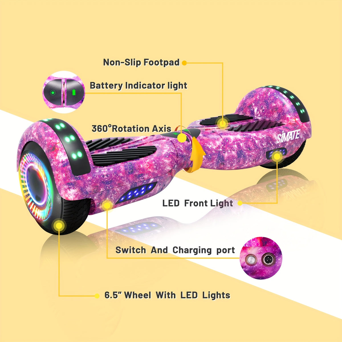 SIMATE 6.5" Hoverboard for Kids, Colorful LED Lights, Self-Balance Technology, Gift for Children, Teenagers And Adults, Maximum Speed Up to 7.5mph, Maximum Range Of 7.5 Miles, 300W