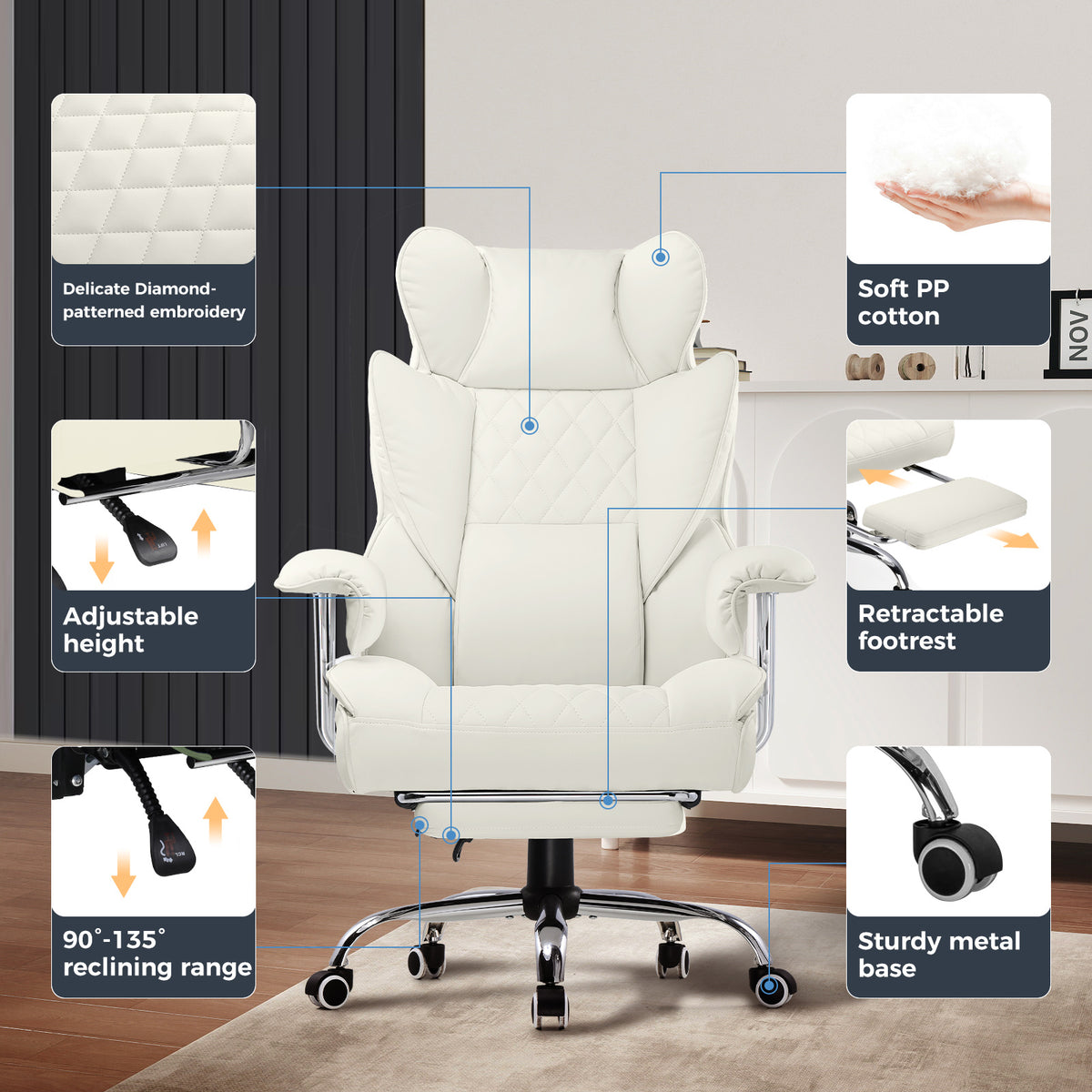 Executive Office Chair for Heavy People, Gaming Chair, Ergonomic Wide Desk Computer Chair with Pocket Spring Lumbar Support, Footrest, Outward Fixed Soft Armrests, High Back PU Leather, Height Adjustable, Big and Tall