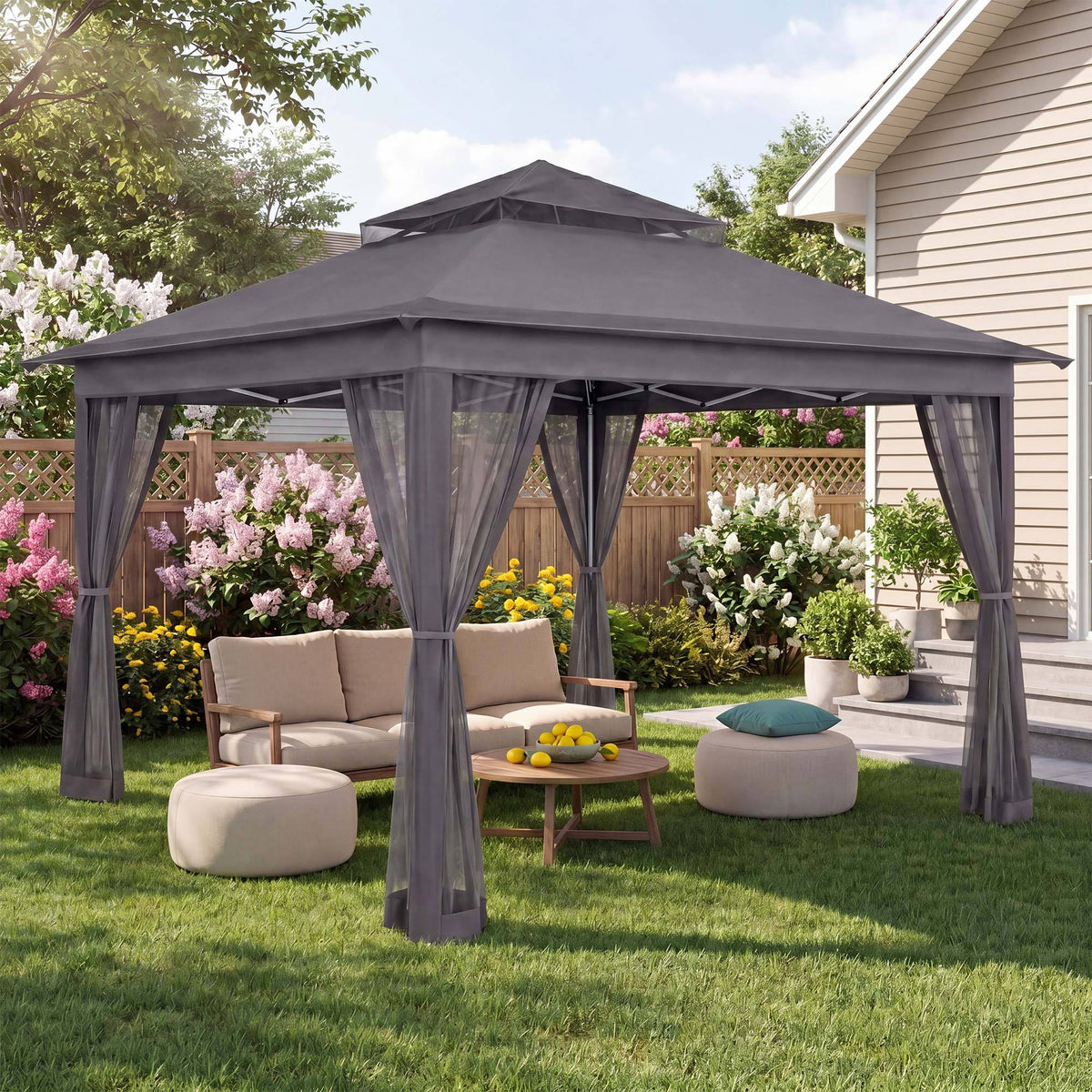 KAMEROUT Canopy Gazebo with Full Mesh Sidewalls, One-Touch Instant Setup Height Adjustable Outdoor Shelter Tent for Patio Backyard Party BBQ