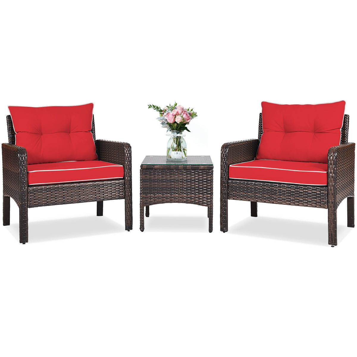 Patio Conversation Set by COSTWAY with Two Cushioned PE Rattan Chairs and Tempered Glass Side Table
