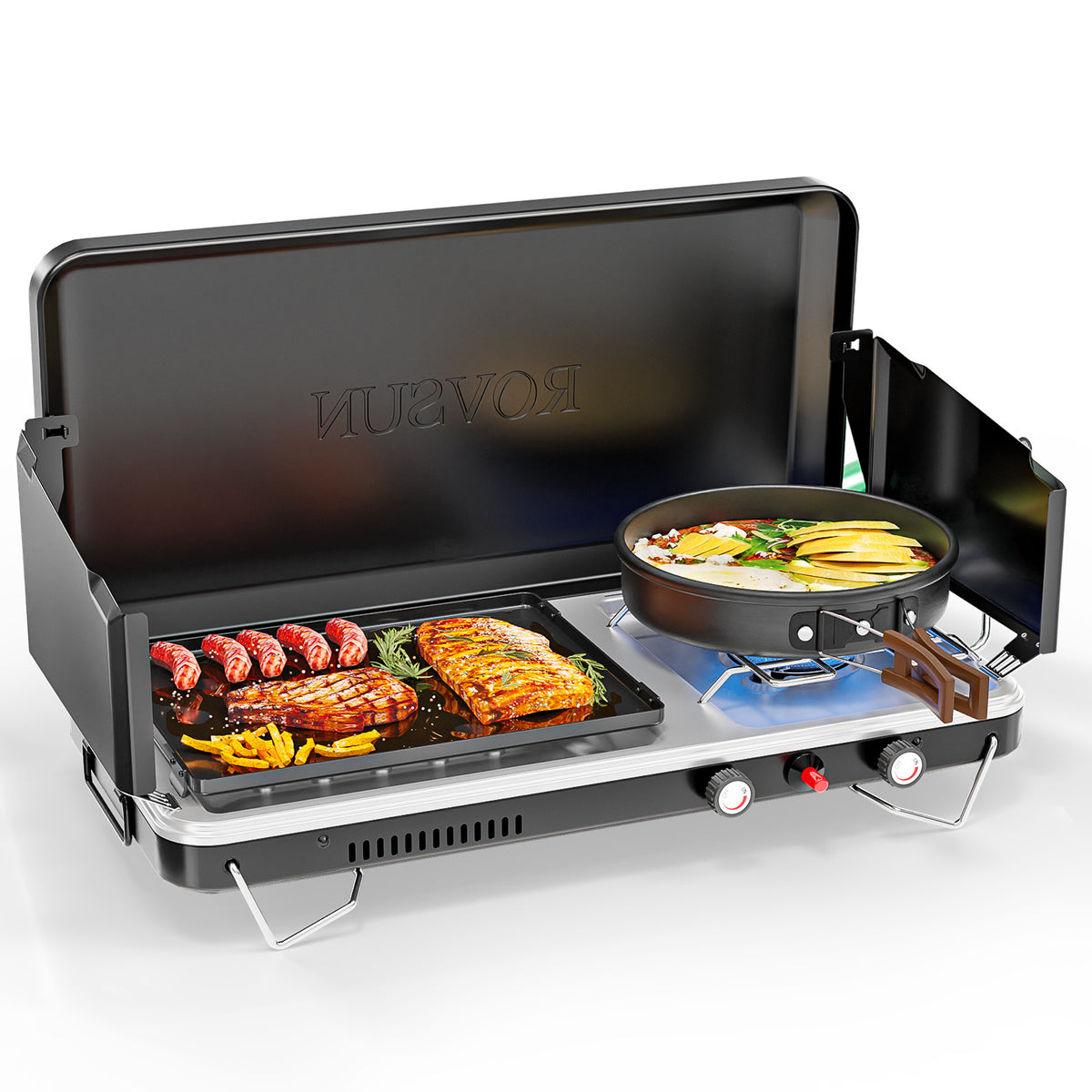 Portable Propane Camping Stove Oven Combo – MEFEIR 2‑in‑1 2-Burner Outdoor Cooker with Auto-Ignition