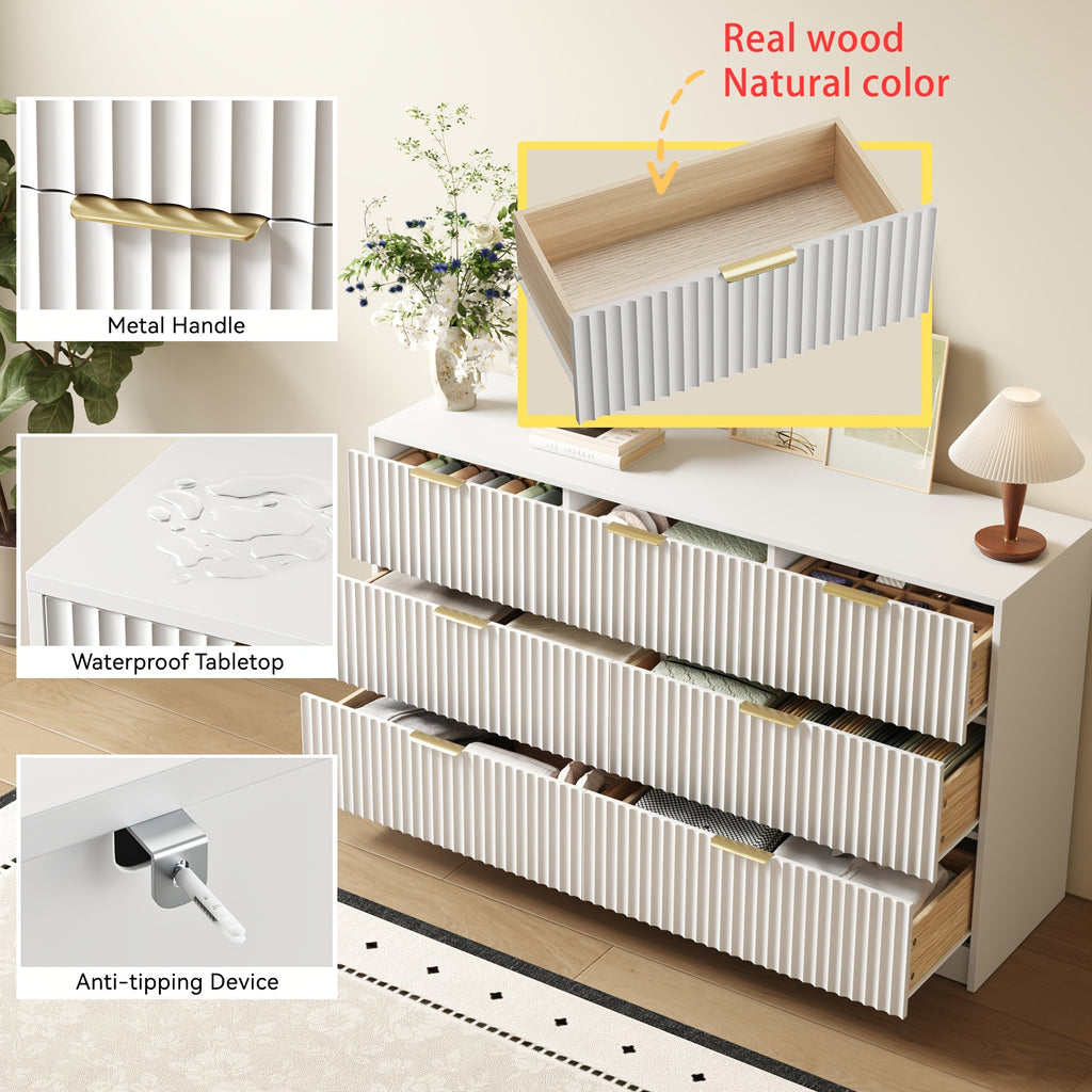 White/Walnut/Black 7 Drawer Dresser for Bedroom, Modern Fluted Dresser with Golden Metal Handles, Wide Chest Of Drawers for Bedroom, Living Room, Entryway, Hallway, 55.1" L X 15.7" D X 31.8" H, White 7 Drawer Dresser, Walnut 7 Drawer Dresser