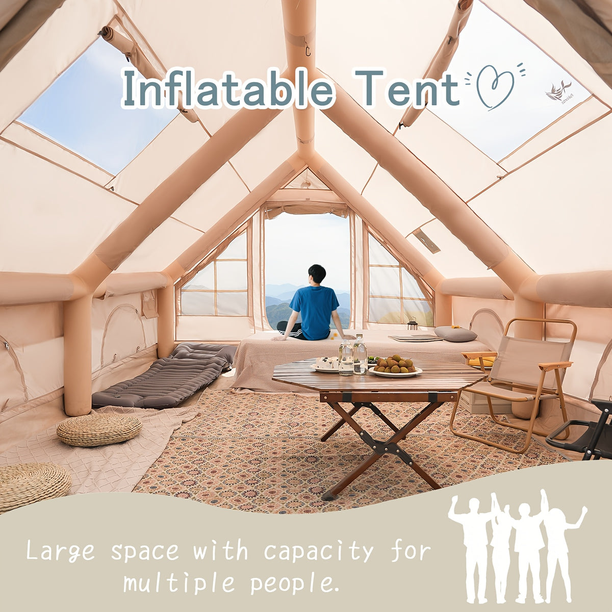 Pakicetus 2-4-6-8 Person Summer Camping Inflatable Tent, Quick Air Circulation with Breathable Mesh Design, Weather-Resistant Oxford Cloth Material Four-Season Camping Cabin, Spacious Full Mesh Windows and Door, Easy Setup with Manual Pump