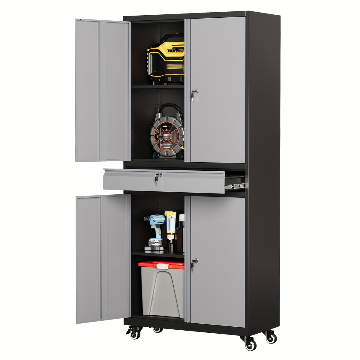 73" Heavy-Duty Steel Garage Storage Cabinet with Lockable Doors & 4-Wheel Mobility System, 1-Drawer Tool Cabinet with Spacious Work Surface - Modern Floor-Standing Design for Home Garage Organization, Workshop Storage, Assembly Required (Locks Not Include