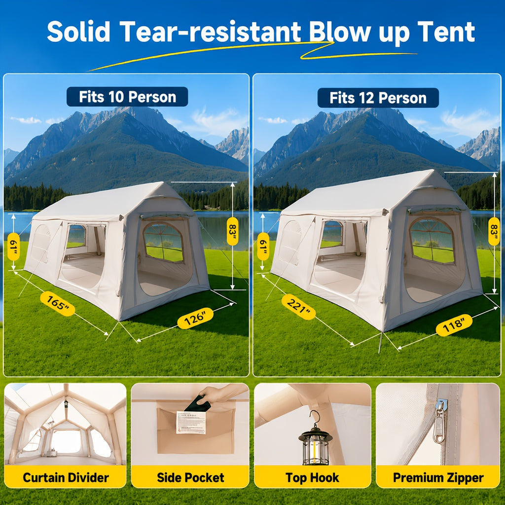 LILYPELLE 6-12 Person Ridge-Style Inflatable Camping Tent with Manual Pump, Large Mesh Windows And Curtain Divider, Four-Season Use, Easy Setup, Ideal for Groups And Families