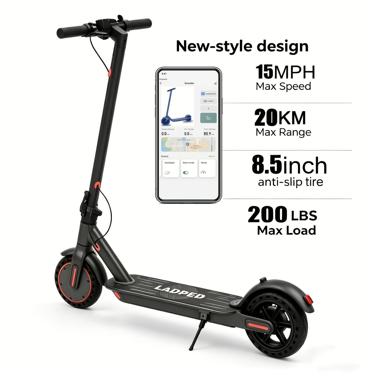 Long Distance Range, Foldable Adult Electric Scooter, 350W Motor, 8.5" Anti-Slip Solid Tires, Smart APP & LCD Dashboard, 3 Adjustable Speeds, Dual Safe Brakes, LED Headlight Taillight, Built-in Bell, Aluminum Alloy Frame, 265 LBS Max Load