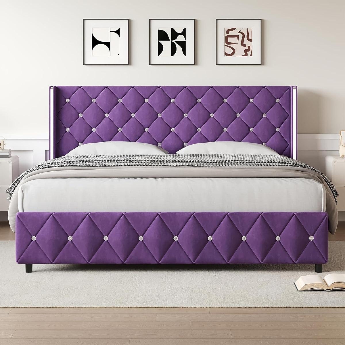 Twin Full Queen King Size Bed Frame, Upholstered Bed Frame with Diamond Tufted Headboard, Modern Silvery Side Wing Back, No Box Spring Needed, Easy Assembly, Purple, Black, Blue, Green, Pink, White