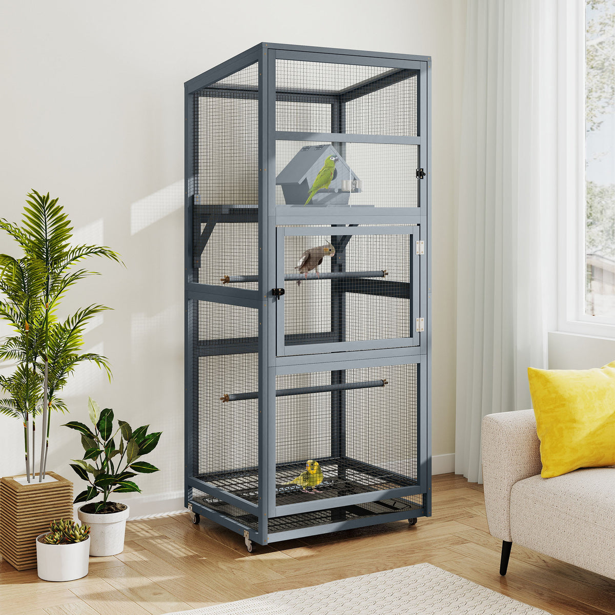68.3''Enclosure Wood Tilted Flat Top Floor Bird Cage Equipped with Stand and Wheels