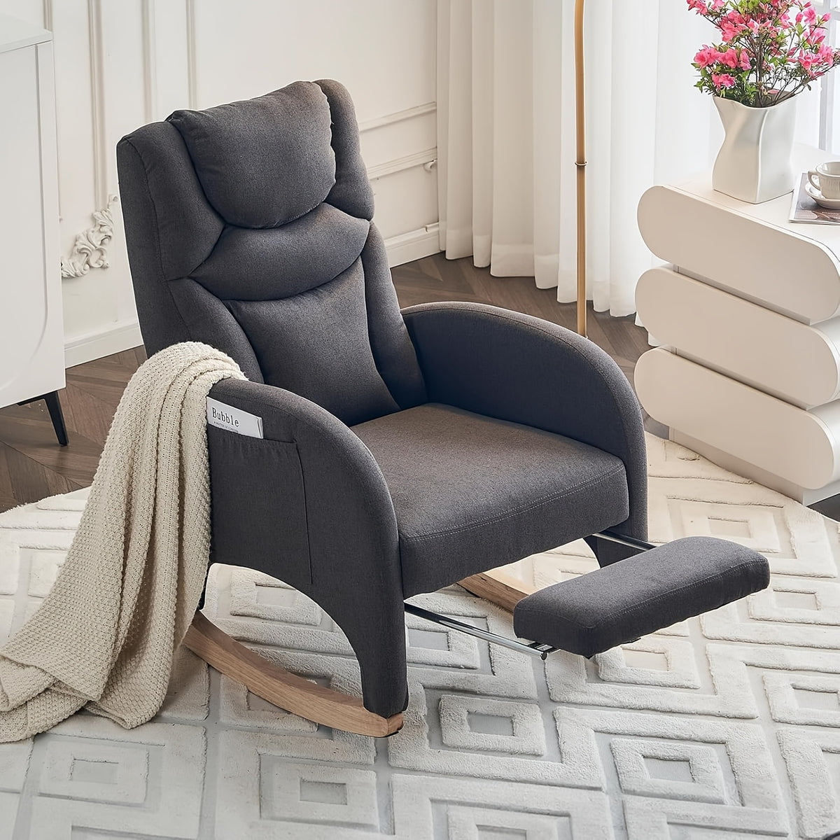 Rocking Chair Nursery, Modern Glider Chair with Adjustable Footrest And Solid Wood Legs, High Backrest Nursery Chair with Side Pocket, Rocker Armchair for Living Room Bedroom