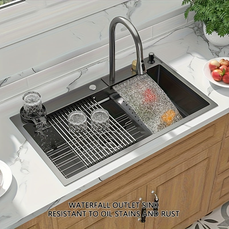 [Stainless Steel Kitchen Sink] 33 * 22 Inch Stainless Steel Kitchen Sink, Single Bowl Sink Drop In/Topmount Workstation Waterfall Sinks With Cutting Board, Cup Washer And Sink Accessories