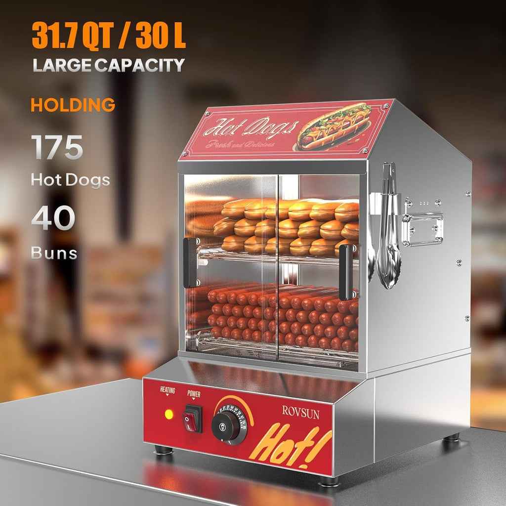 31.7QT/30L Hot Dog Steamer, Hut Steamer Hot Dog Steamer with Bun Warmer Cooker 175 Hot Dogs & 40 Buns Capacity with Removable Shelves Food Clip for Party Event Concession Stand 2-Tier