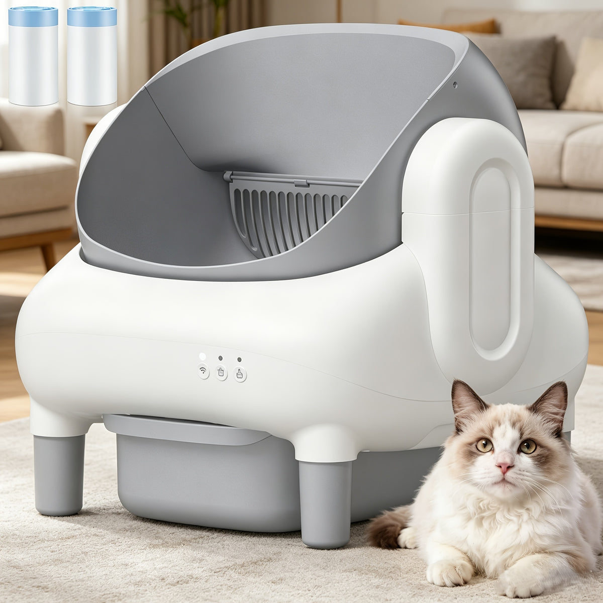 ECORUI Self Cleaning Litter Box, Automatic with App Control for Multiple Cats, Safety Sensors, Odor Control, Large Waste Bin, Includes 2 Liners, Cream White, Certified Refurbished