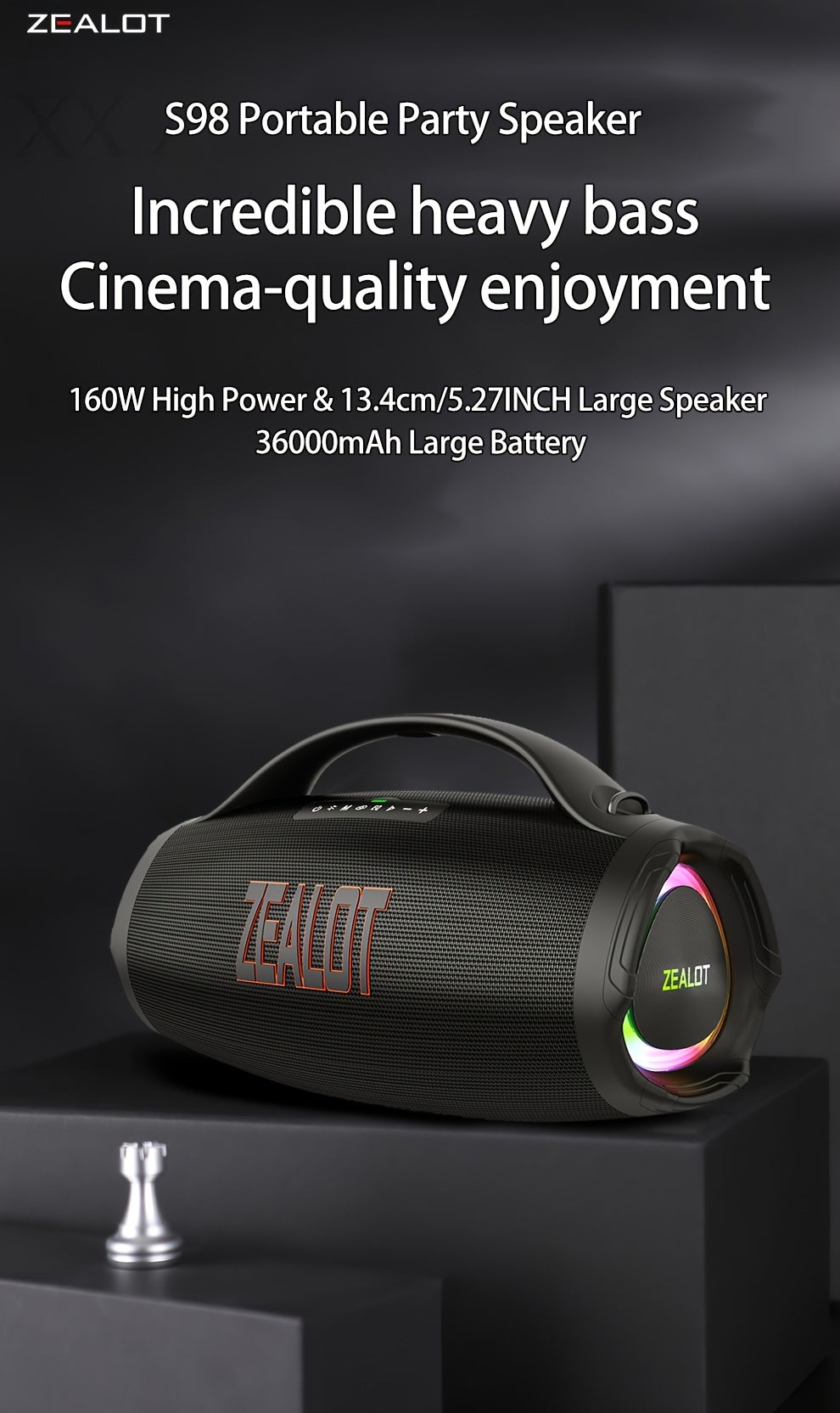 ZEALOT 160W Large Speaker, Wireless Speakers with Subwoofer, 60 Hours Playtime, 36000Mah Battery, Fast Charging, Water Resistance, Dual Pairing, Booming Bass. Charging Cable, Connect with Mobile Phone/Tv. for Home, Car, Outdoor, Camping