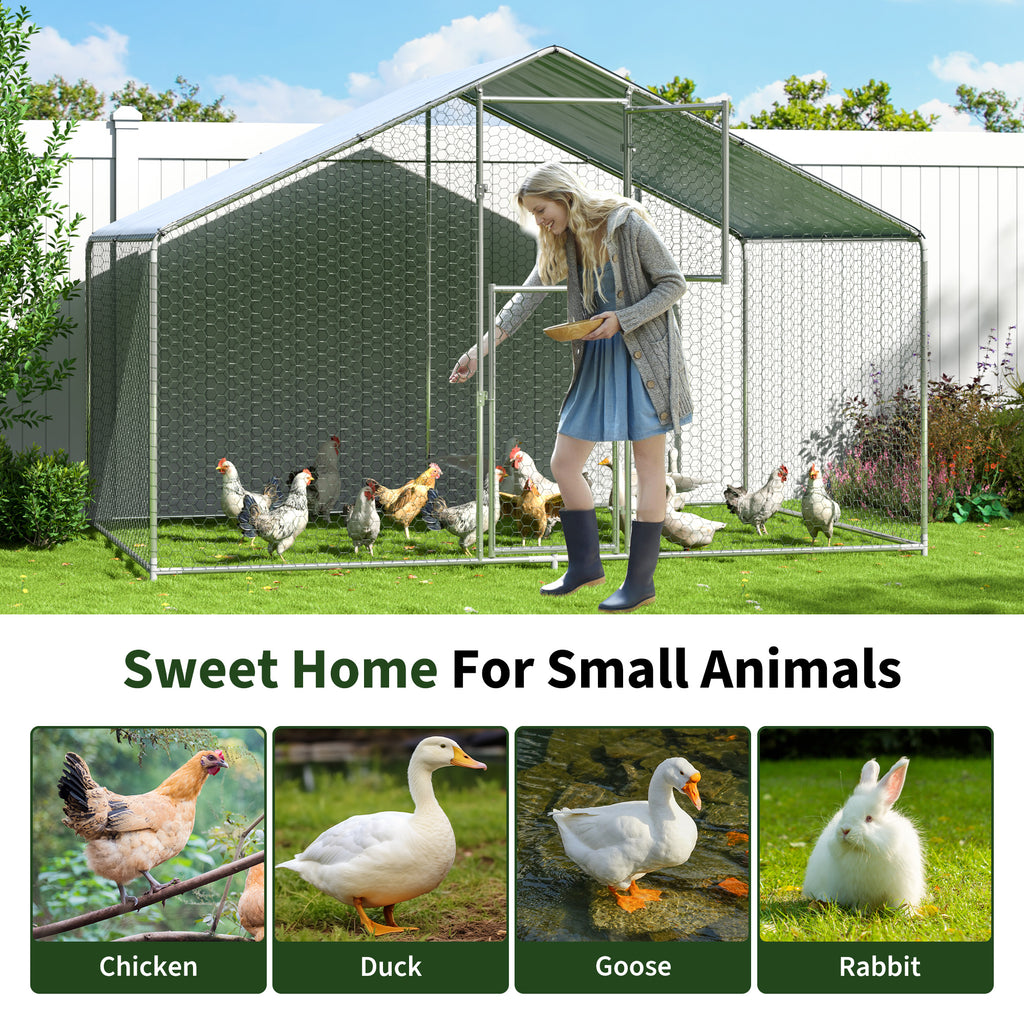 Walk-In Chicken Run with Feeding Port and UV-Resistant Cover, Galvanized Outdoor Poultry Enclosure