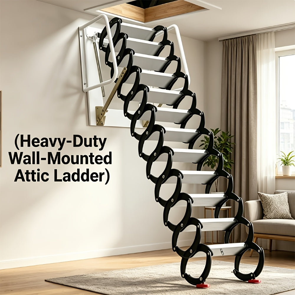 10ft Wall-Mounted Space Saving Attic Stairs, Black & White Titanium-Magnesium Alloy Construction, Supports Up to 880 Lbs, Ideal for Attics, Garages, Basements, Warehouses & Retail Stores
