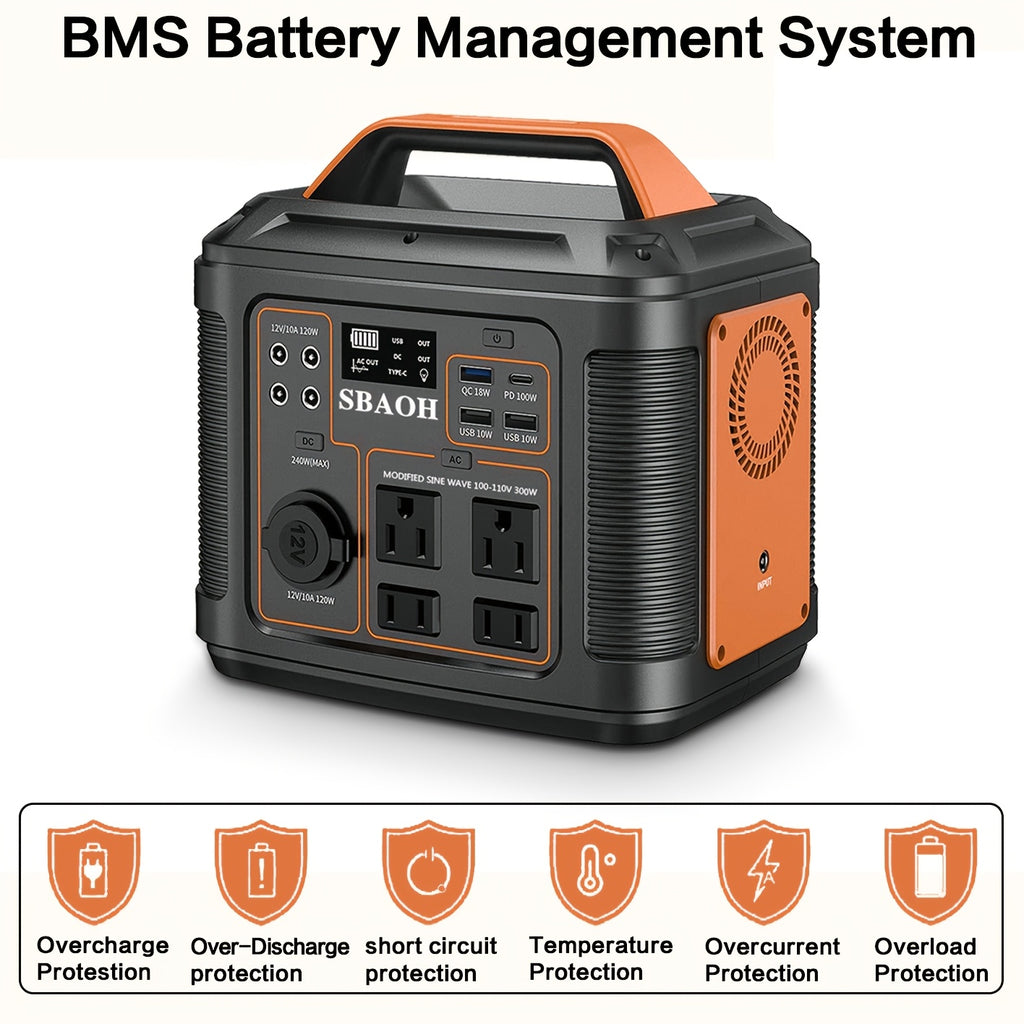 SBAOH 300W Portable Power Station 296Wh 80000mAh Solar Generator W/ 100W PD Fast Charging, 13 Outlets, Digital Display, Lithium-ion Battery for Outdoor Solar Lights, Camping Tents, Emergency Outdoor Home Use, CPAP, Gifts, 60W Solar Panel Is Optional