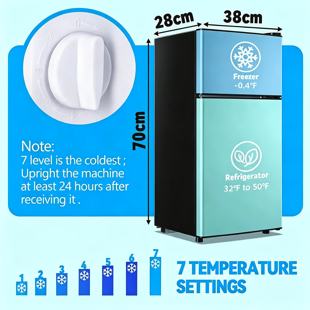 2.4 CU.FT. Mini Fridge with Freezer, Personal Refrigerator, Small Size Refrigerator with 7 Level Adjustable Temperature and Double Door