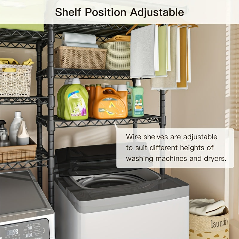 Extra Wide 6-Tier Laundry Room Shelf With 2 Hanging Rods - Freestanding Carbon Steel Storage Organizer Over Washer Dryer, 57.8"W X 22"D X 77.4"H, Black Adjustable Drying Rack, Standing Shelf