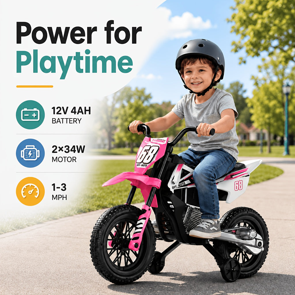 12V Kids'Ride-On Motorcycle, Upgraded Dual Motors, Training Wheels for Safety, Twist Throttle Control & Built-in Music, Perfect Gift for Kids Ages 3+