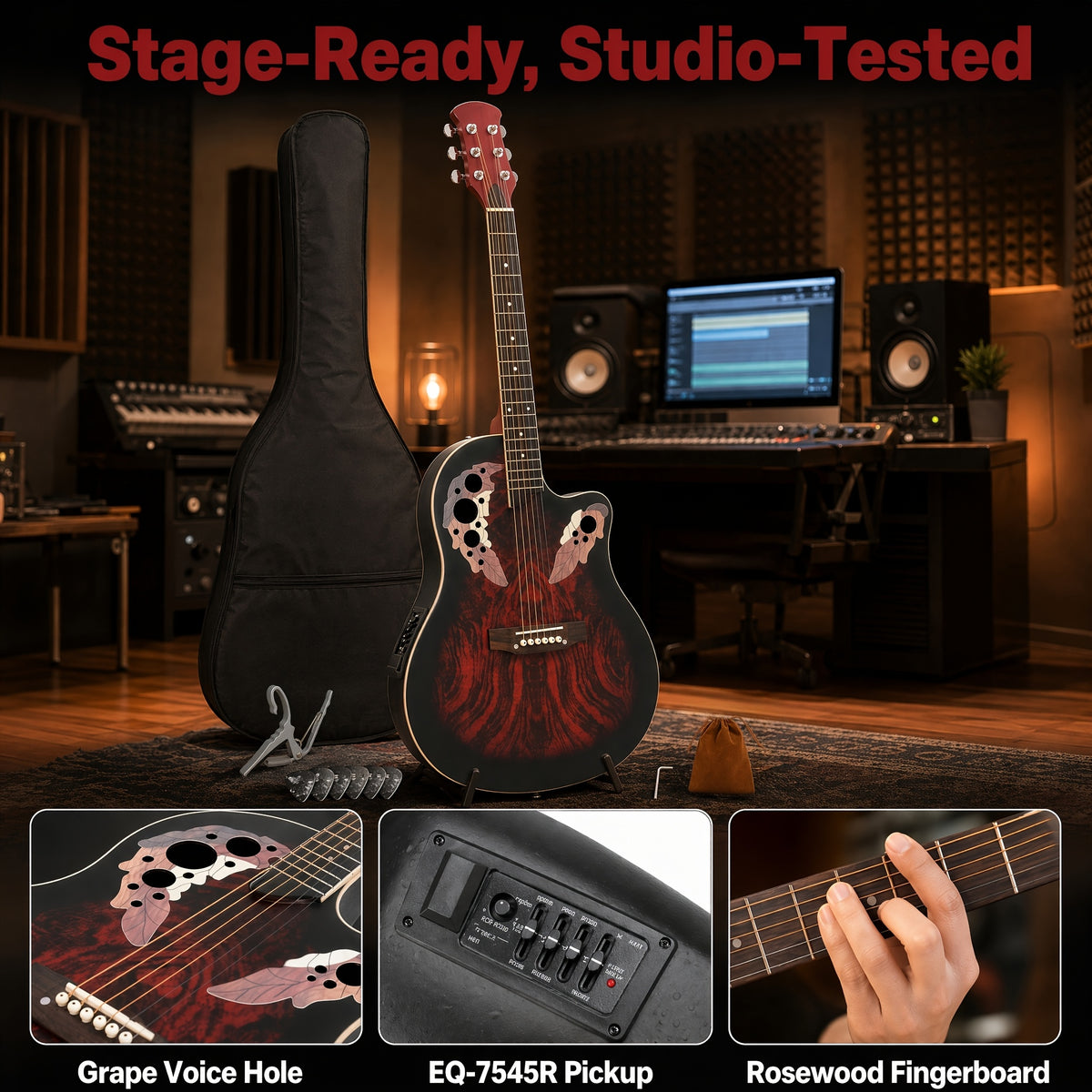 [Ideal Gift] 41-Inch Full-Size Guitar With Grape-Shaped Soundhole, Spruce Top, And Mahogany Fingerboard - Sunset Red Finish, Enhanced Tone And Playability, Suitable For All Music Styles, Ideal For Beginners And Guitarists. The Perfect Gift