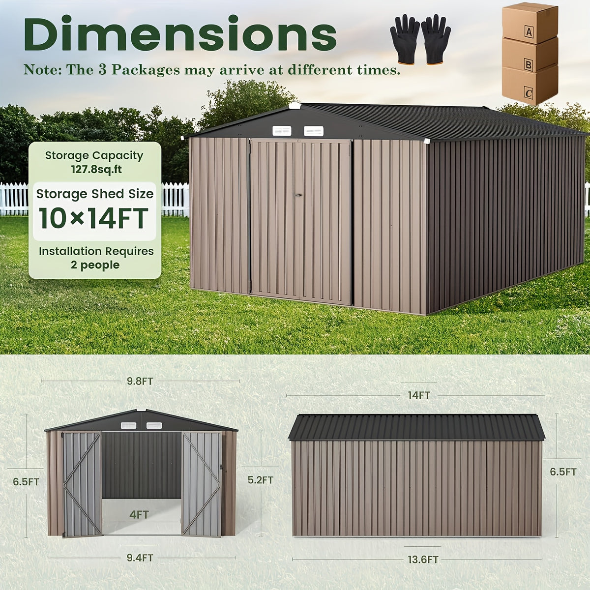 [Metal Storage Shed] 8x6ft (7.33'x5.28' Base, No Floor), 6 X 4ft, 10x12ft, 10x14ft, Metal Steel Outdoor Storage Shed with Air Vent & Lockable Doors, for Garden, Patio And Backyard, Tools, Bike