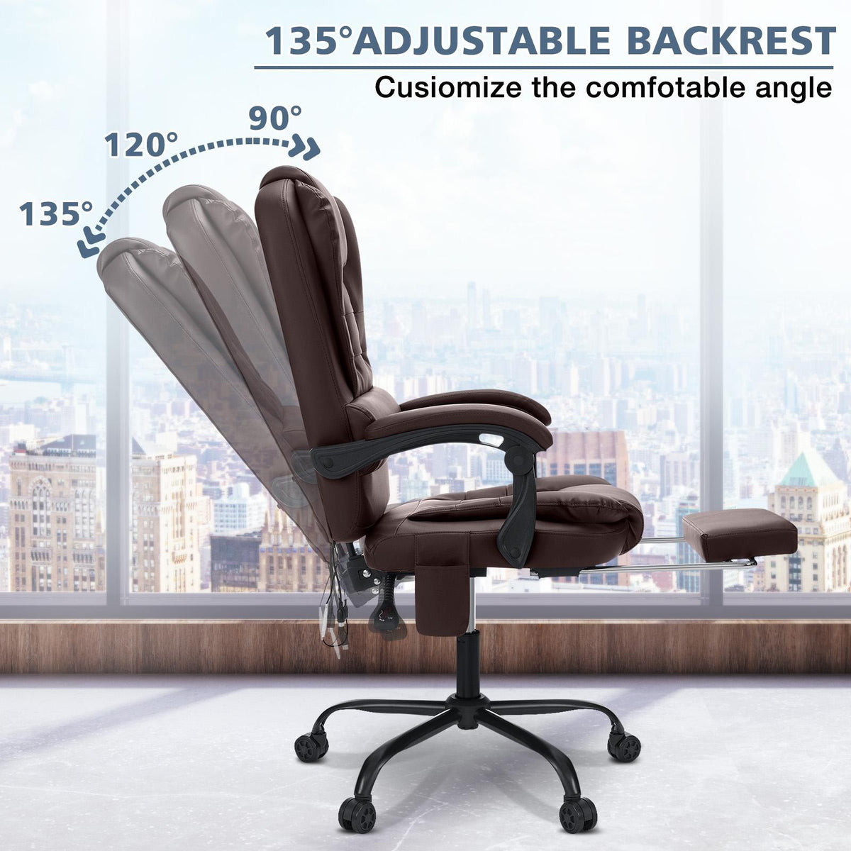 Office Chair Designed for Executives Featuring a 7-Point Massage System, Lumbar Support, And a Swivel Base. It Has a High Back Made of Leather And Includes a Reclining Footrest, Suitable for Home Office Use.