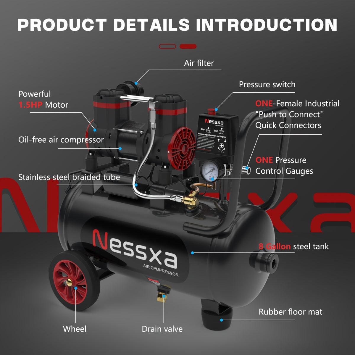 8 Gallon Ultra Quiet Air Compressor, 1.5HP 4.52 CFM, Max 115 PSI Oil-Free Air Compressor Tank, 110V/60Hz, 70dB Air Compressor for Car Repair, Spray Painting, Woodwork Nailing