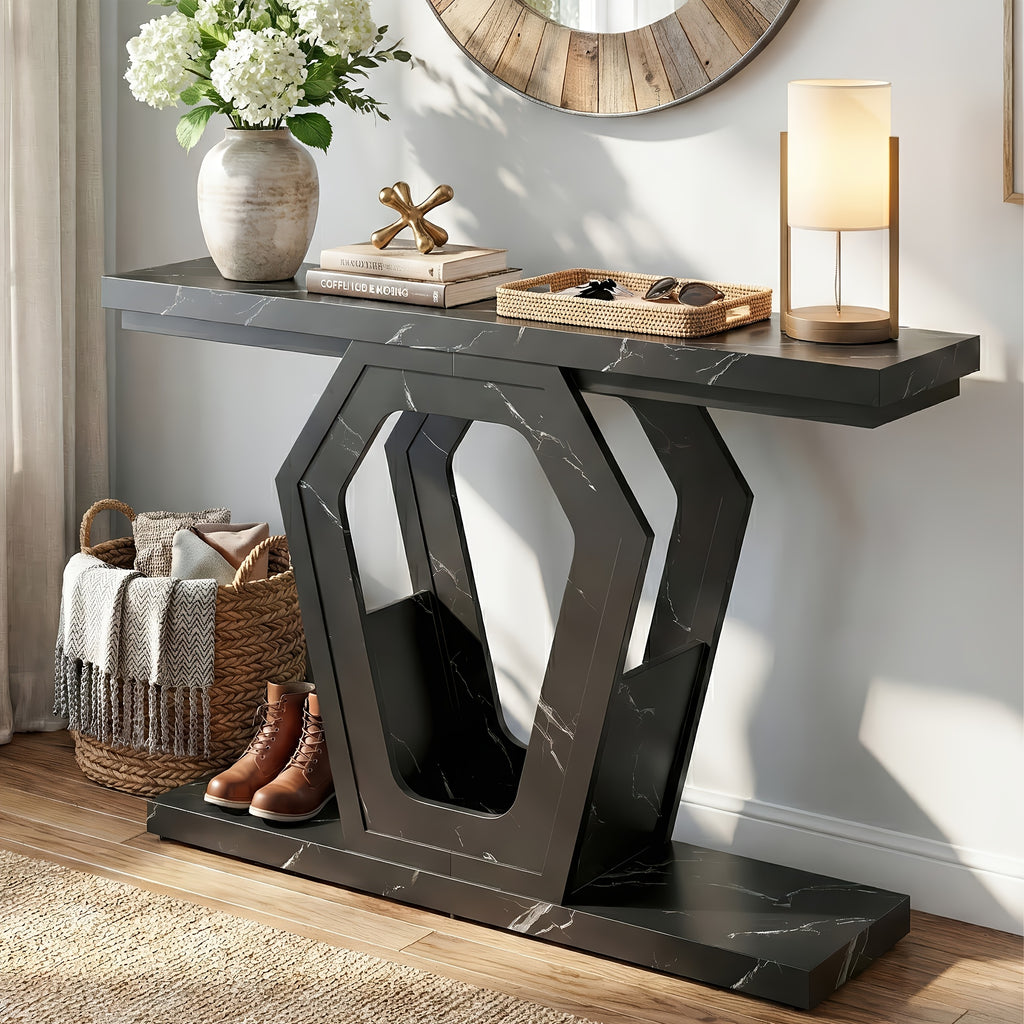 47.3" Modern Console Table with White Marble Texture, Narrow Sofa Table for Entryway & Hallway, Slim Behind Couch Table with Openwork Bracket, Foyer Table for Living Room, Easy Assembly