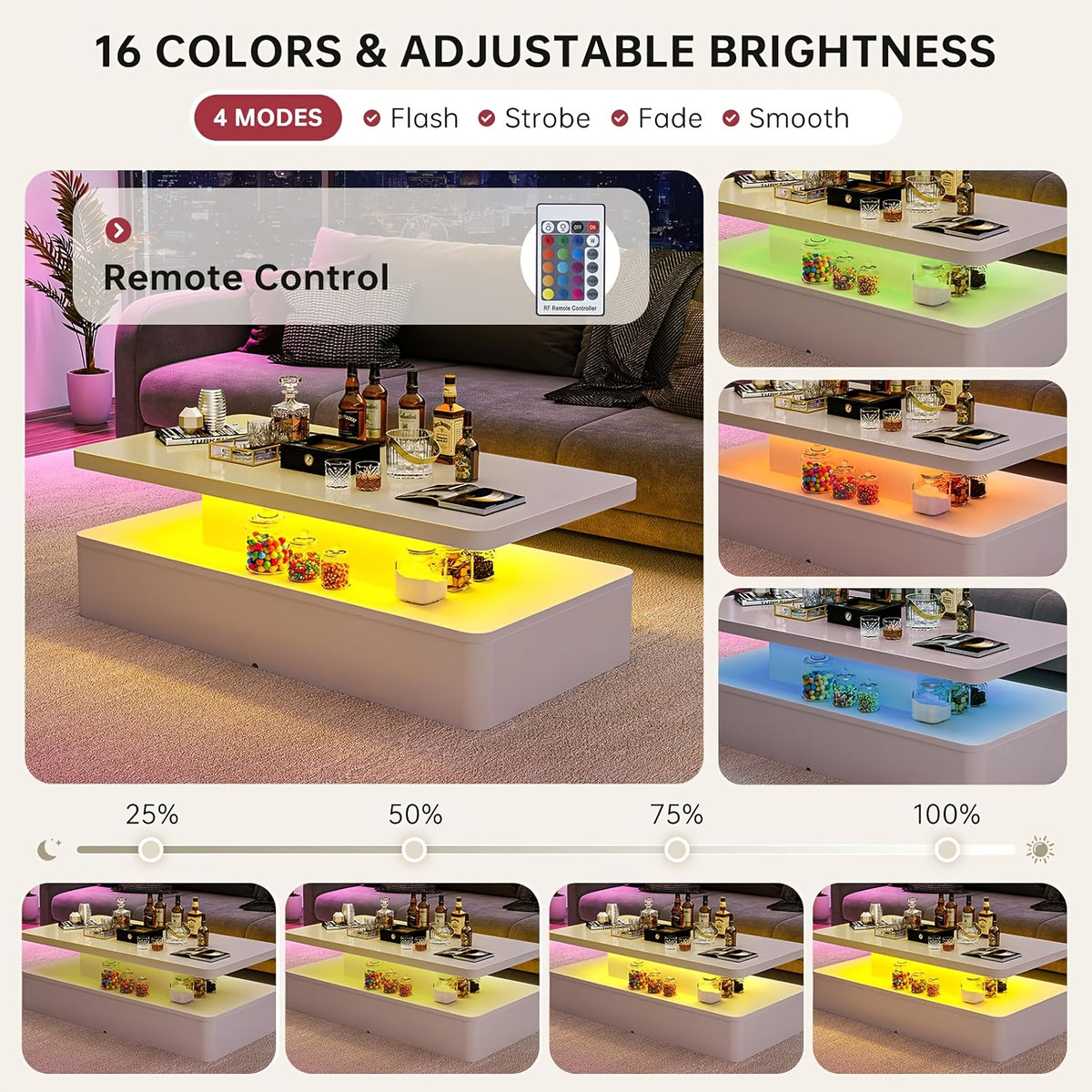 Modern LED Coffee Table for Living Rooms and Patios in Black or White with 16-Color Lighting
