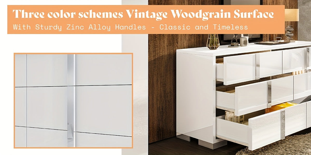 Modern 54" W High Gloss 6-Drawer Dresser with Silvery Handles, Spacious Storage Chest with Wide Top for Bedroom, Closet, Or Living Space