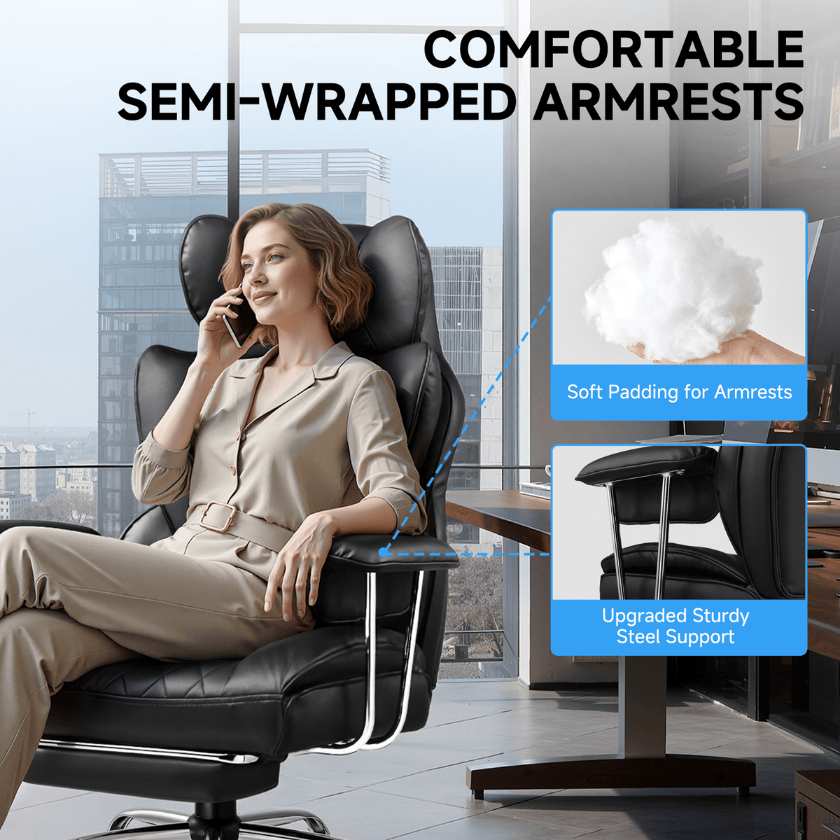 Executive Office Chair for Heavy People, Gaming Chair, Ergonomic Wide Desk Computer Chair with Pocket Spring Lumbar Support, Footrest, Outward Fixed Soft Armrests, High Back PU Leather, Height Adjustable, Big and Tall
