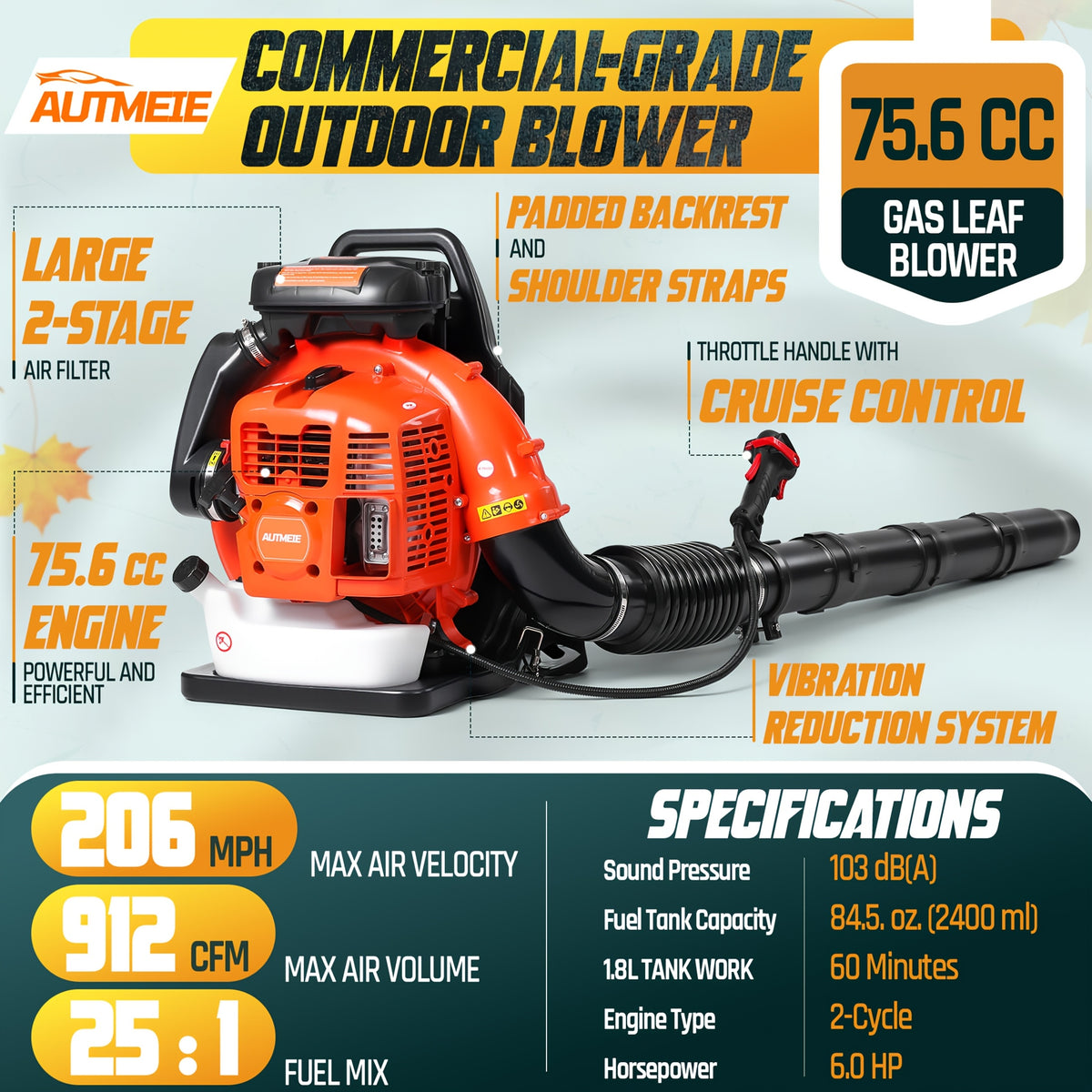 75.6Cc Gas Backpack Leaf Blower 912 CFM 206 MPH 49N, 6.0 HP 2-Cycle Backpack Blowers Gas Powered with Low Vibration, Ergonomic Design, Cruise Control, Commercial-Grade Gas Leaf Blower for Garden Lawn Yard Cleaning, Snow Removal, Gifts for Dad