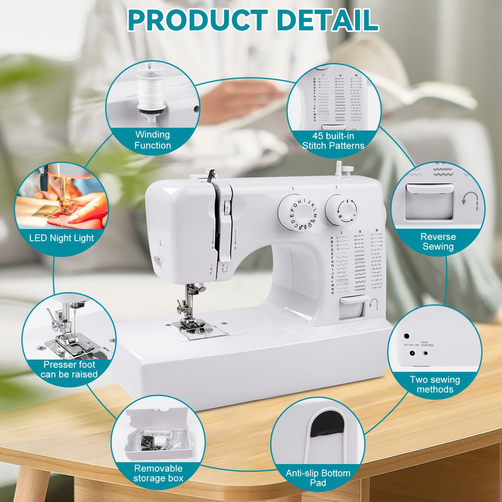 Electric Sewing Machine, 818 Mini Electric Sewing Machine 45 Stitches Household Multifunctional Sewing Machine US Plug