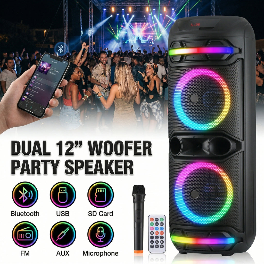 Portable Bluetooth Party Speaker with Dual 12" Woofer, Heavy Bass PA System with Remote & Microphone, USB/SD/FM/AUX Support, Powerful Sound for Home, Outdoor Parties, Karaoke & Events