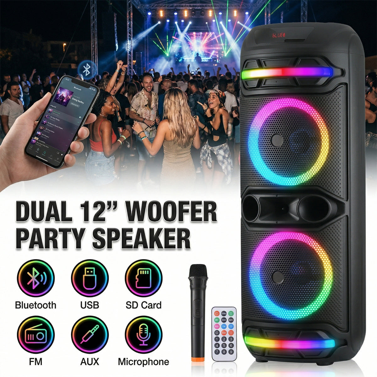 Portable Bluetooth Party Speaker with Dual 12" Woofer, Heavy Bass PA System with Remote & Microphone, USB/SD/FM/AUX Support, Powerful Sound for Home, Outdoor Parties, Karaoke & Events